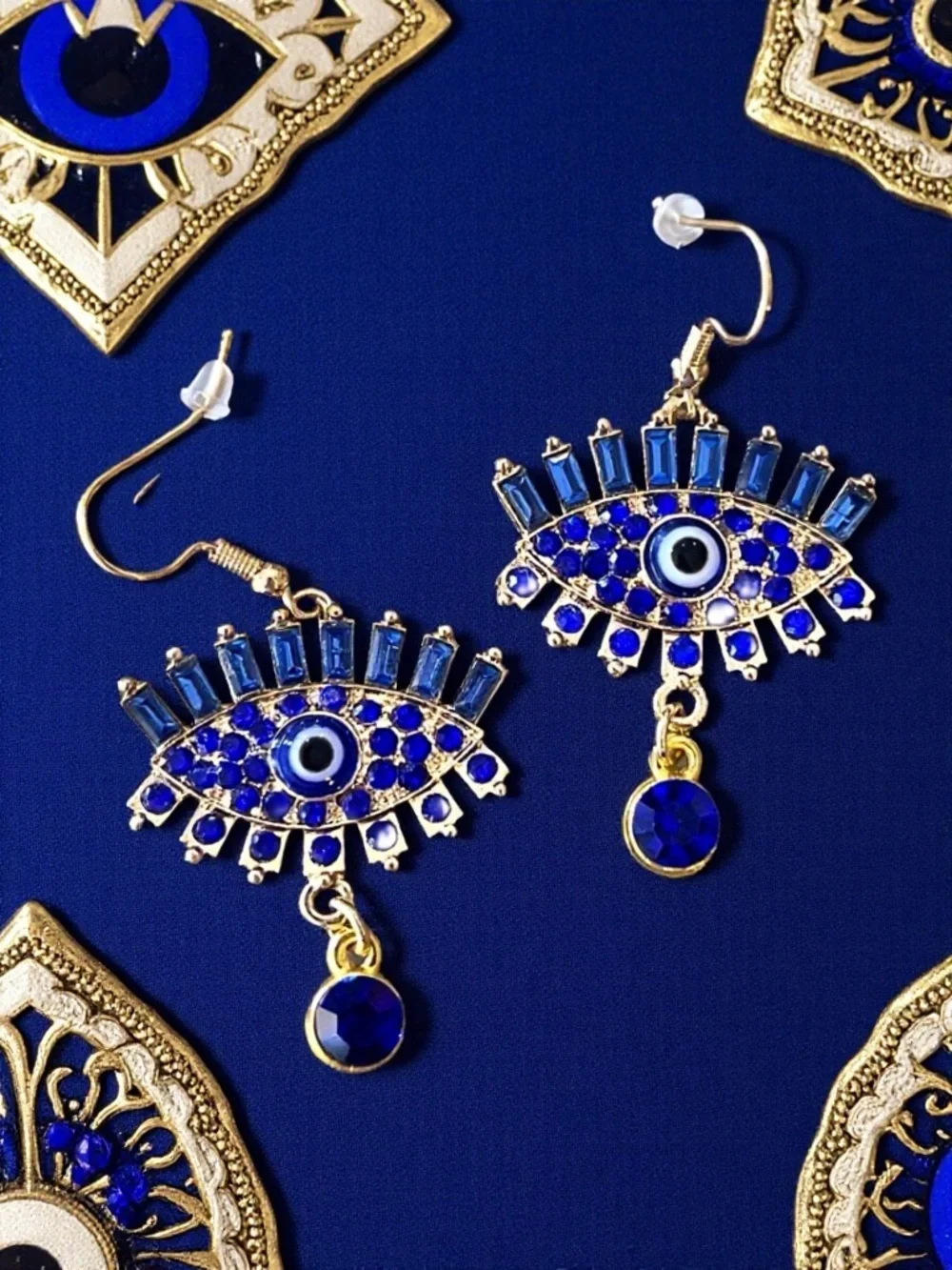 Gold-Tone Evil Eye Drop Earrings with Royal Blue Crystals - Women Jewelry